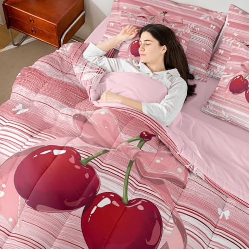Image of Erosebridal Cherry Bow 7 Pieces Bedding Set Full Size Pink Valentine Comforter Set for Girls Romantic Bowknot Bowtie Bed in A Bag with Flat and Fitted Sheet Geometric Stripes Cottagecore Quilt Set