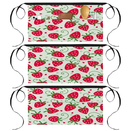 Tablier court de chef 3 poches demi-tablier imprimé fraise vert multicolore pour service et cuisine