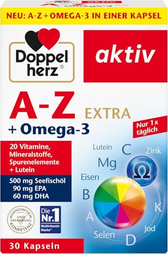 Doppelherz A-Z + Omega-3 Extra - 20 Vitamine, Mineralstoffe & Spurenelemente + Omega-3 + Lutein - Nur 1 Kapsel täglich - 30 Kapseln