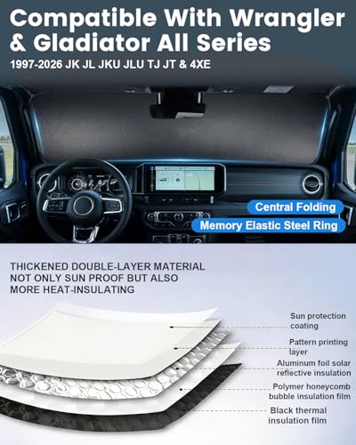 Image of Windshield Sun Shade for Jeep Wrangler TJ JK JL & Gladiator JT 2 /4 Door | No Pattern Sunshade | UV Blocking Sunshade for Jeep Wrangler Heat Shield Accessories