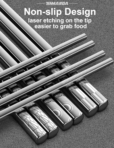Image of Metal Chopsticks Reusable 18 /8 Stainless Steel Sleek Engraving Patterns Chop Sticks Reusable Dishwasher Safe Non-Slip Chopsticks+Modern Silver 5 Pairs
