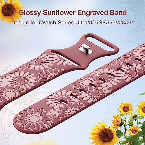 Image of Sunflower Engraved Band Compatible with Apple Watch Bands 38mm 40mm 41mm 42mm 44mm 45mm 49mm Women, Designer Soft Glossy Floral Silicone Strap for iWatch Series Ultra 11 10 9 8 7 6 SE 5 4 3 2 1