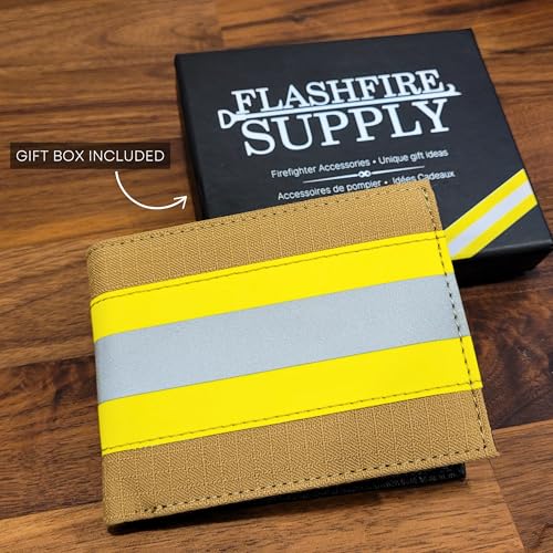 Firefighter Wallet Original Reflective Turnout Bunker Fabric Gear Men Gift RFID Protection (Beige & Yellow), Medium2