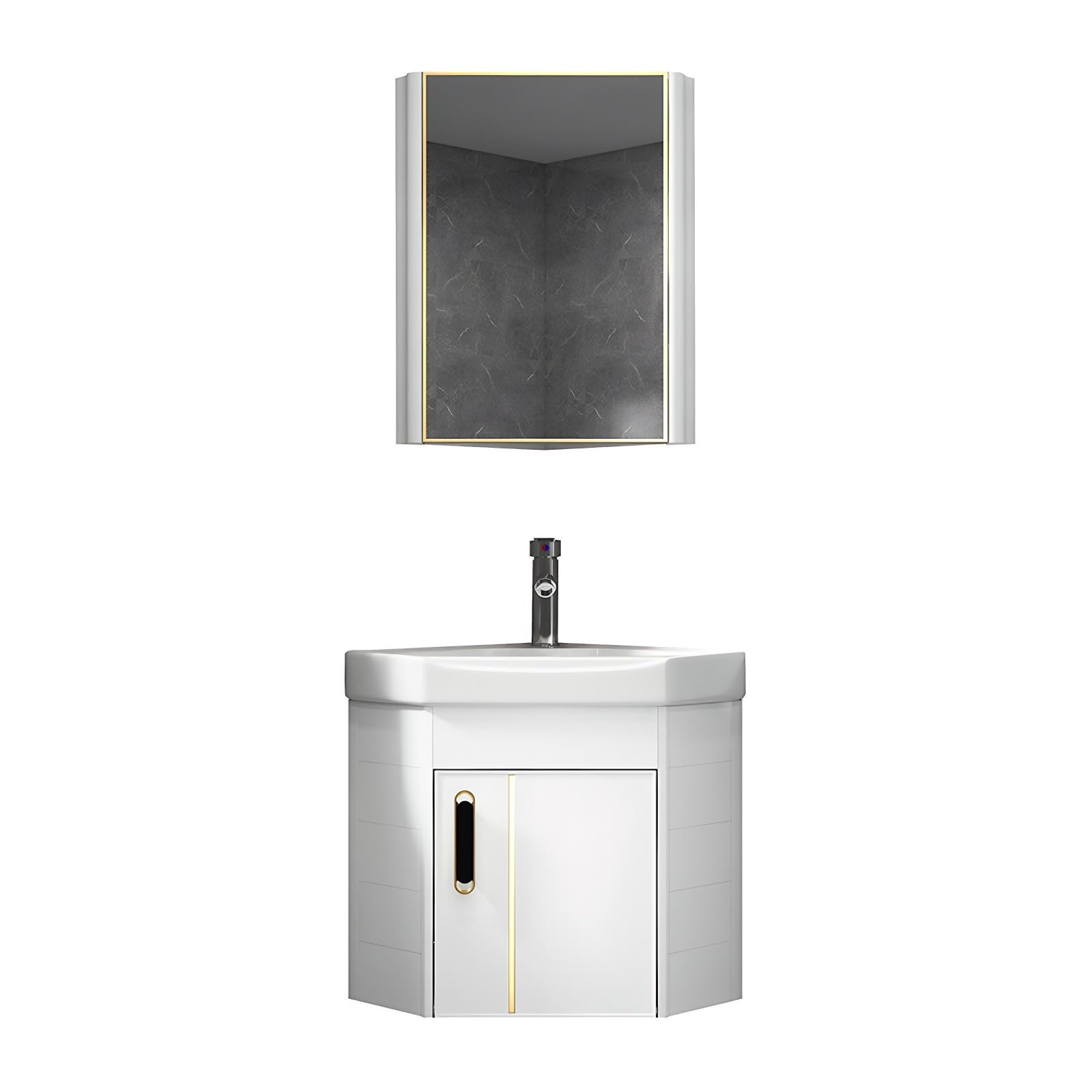 Moderno tocador de baño esquinero, lavabo de mano montado en la pared con espejo y grifo, fregadero de esquina blanco que ahorra espacio para un diseño eficiente de baño pequeño