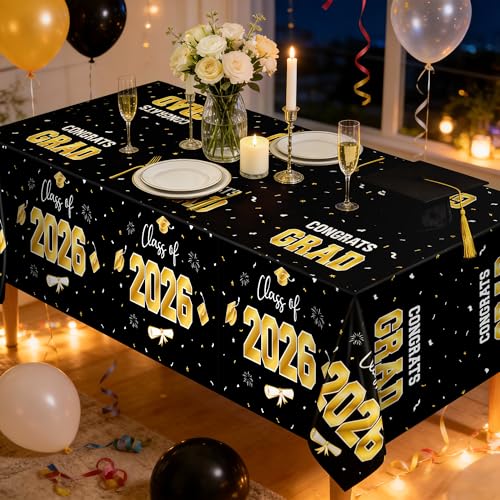 Image of QZYL 4 Pack Graduation Decorations, 54 inch x 108 inch Black and Gold Rectangle Graduation Table Cloths, Plastic Tablecover for College Congrats Grad, Disposable Grad Party Decorations for Class of 2026