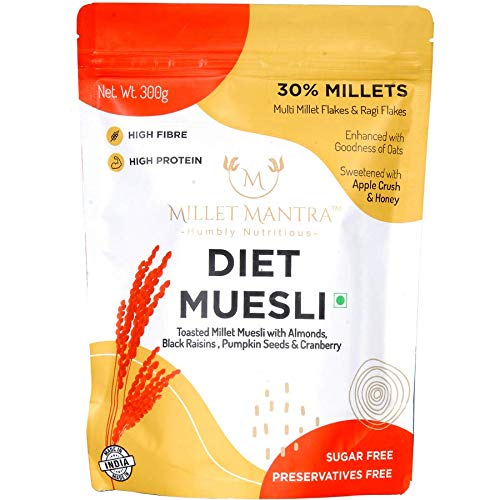 Millet Mantra Honey & Apple Crush High Protein Muesli Sugar Free Muesli, Muesli Fruit | Mixed Dry Fruits, Almonds, Pumpkin Seeds Black Raisins Seedless | Muesli, 1 Count