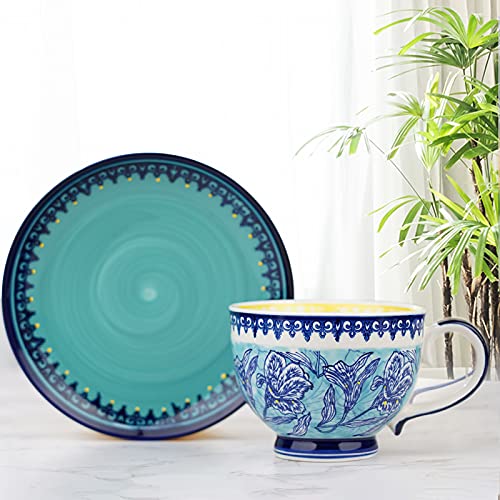 Taimei Teatime Ceramic Coffee Cup and Saucer Set, 14.5 oz Large Coffee Mug and Plate Set in British Rural Style with Handpainted Floral Pattern, Teacup and Saucer Set for One,Green