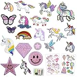 20 Stück Flicken zum Aufbügeln, Einhorn Aufbügelflicken,Gemischt Bügelflicken mit Smiley,Sterne,Schmetterlingen für Erwachsene,Mädchen,Kinder, Applikation zum Aufnähen,Für Diy T-Shirt Jeans Kleidung