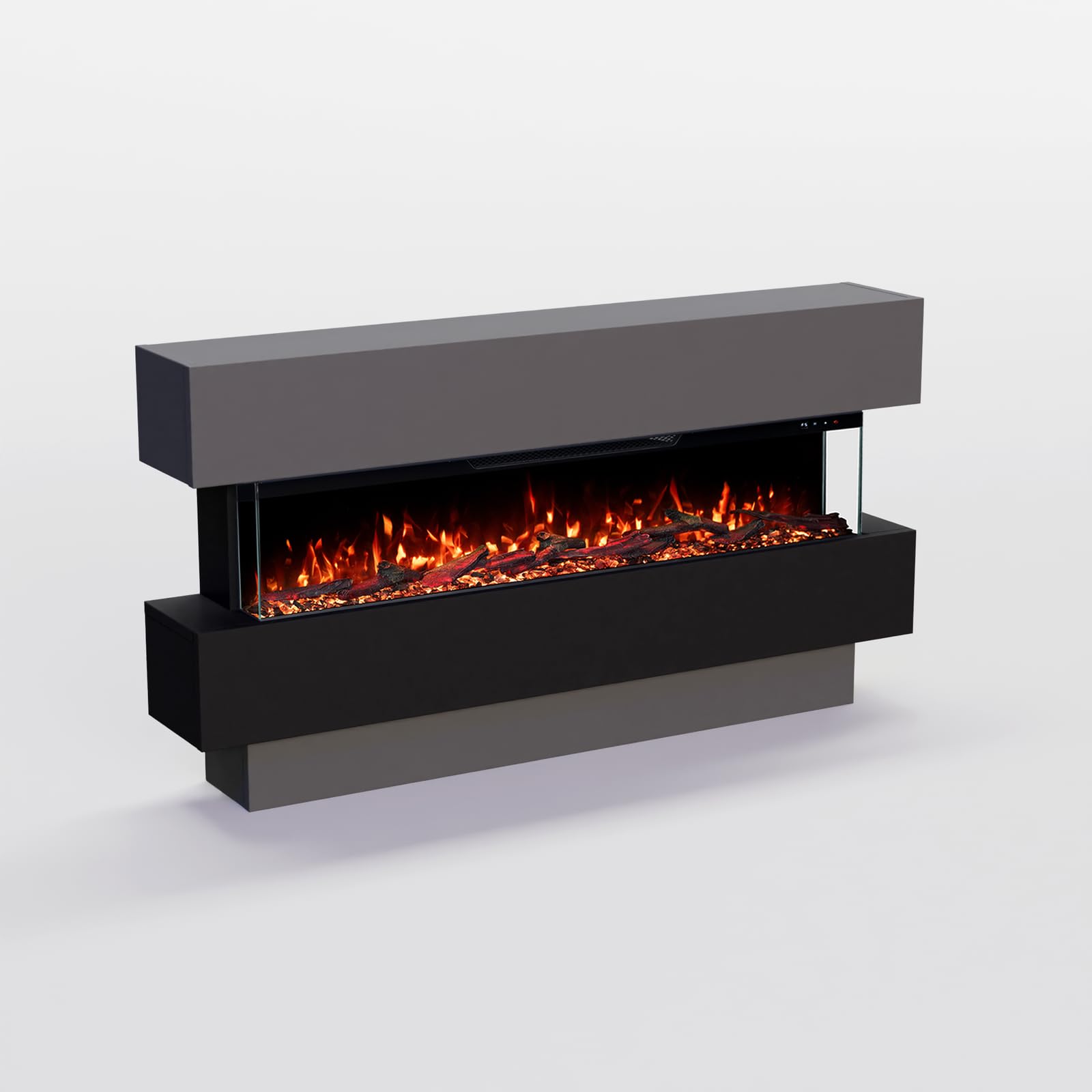GF Core Elektrokamin Clear 42 mit realistischem 3D LED-Feuer - Stand-Elektrokamin mit Heizung und Kaminfeuer, App Steuerung, Knistereffekt & Timer, max. 1800 W, 129x69x21cm, Grau