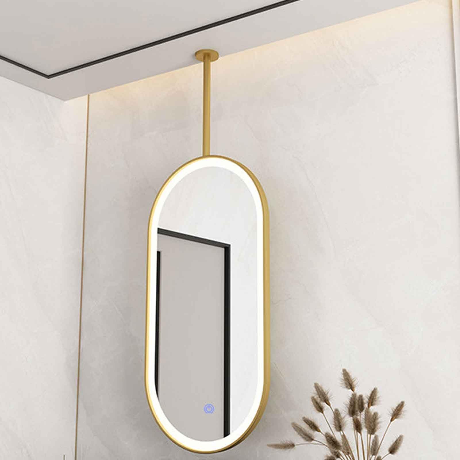 FGXHHS Ceiling Mount Mirrors for Bathrooms with Lighted Suspend Gold Metal Framed Oval Corridor LED Mirror Home Decor HD Vanity Mirrors(40cmx70cm)