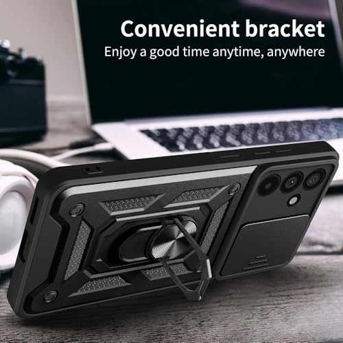 Image of Casodon Heavy Duty Back Case Cover for Samsung Galaxy M55 /M55s /F55 5G, Shockproof Samsung Galaxy M55 /M55s /F55 Back Cover, Ring Case with Kickstand and Camera Protection Shutter - Black