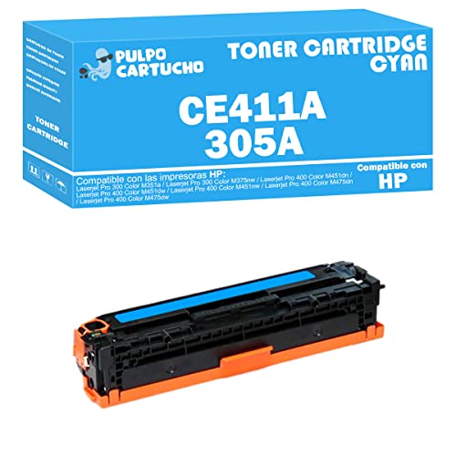 Pulpo Cartucho - Toner CE411A Cyan Compatible con HP CE411A / Ref. 305A - Valido para Impresoras Laserjet Pro 300 Color M351a / M375nw / M451dn / M451dw / M451nw / M475dn / M475dw