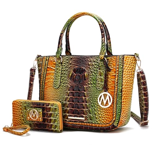 MKF Collection Bolsa tiracolo feminina de couro vegano em relevo de crocodilo com alça superior da Mia k, Rb marrom amarelo, Large
