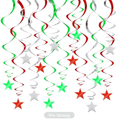 Image of BEISHIDA Red Green Silver Star Hanging Swirl Christmas Decorations Ceiling Hanging Party Supplies for Christmas Birthday Wedding Decorations, Pack of 15
