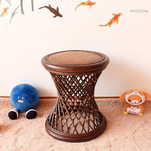 Taburete de ratán tejido a mano para jardín al aire libre, mesa decorativa de madera rústica y otomana