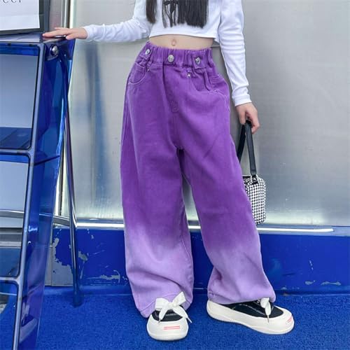 Girls' Baggy Jeans High Rise Elastic Waist Wide Leg Washed Denim Pants Trousers Vintage Streetwear with Pockets (Purple, 15-16 Years)4
