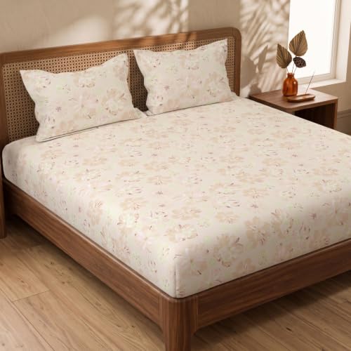 Image of Huesland by Ahmedabad Cotton 144 TC Cotton Bedsheet for Double Bed King Size with 2 Pillow Covers | Moccasin, Pastle Orange & Antique White