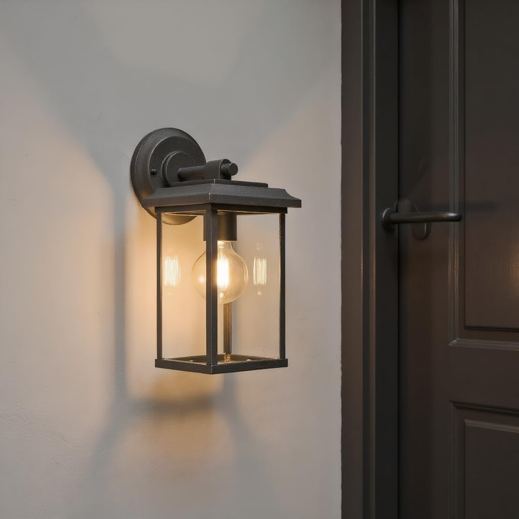 Applique da Parete per Esterni, Lampadina E27 Max 25W (Non Inclusa), IP65 ImpermeabileCorpo in Alluminio, Diffusore in Vetro, Lampada da Esterno a Parete con Paralume in Vetro Trasparente