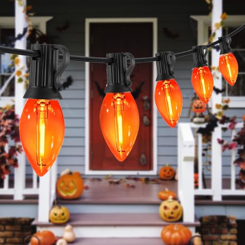 Image of 10FT C7 Orange LED String Lights, Black Wire Outdoor Halloween | IP44 Waterproof & Shatterproof, End-to-End Connectable, Perfect for Patio, Porch, Railing, Party or Holiday Decor