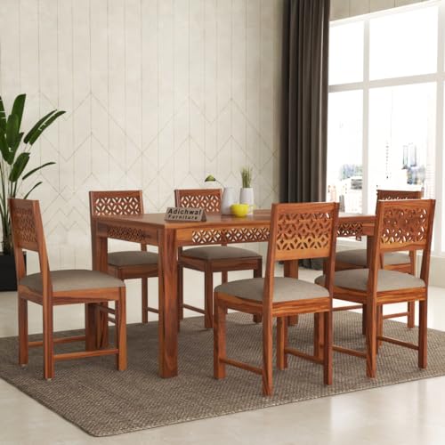 Image of Solid Sheesham Wood 6 Seater Dining Table Set with Cushioned Chairs for Dining Room | Living Room | Home & Office | Hotels Restaurant & Cafe (6 Seater, Honey A)
