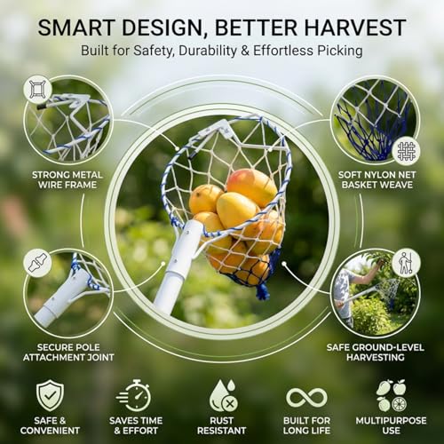 Image of ecofynd Fruit Picker Tool with Pole Attachment, Metal Frame & Nylon Net Basket for Mango, Apple, Lemon & Orange, Lightweight Fruit Harvester for Safe Fruit Picking from Trees, Garden & Farm (White)