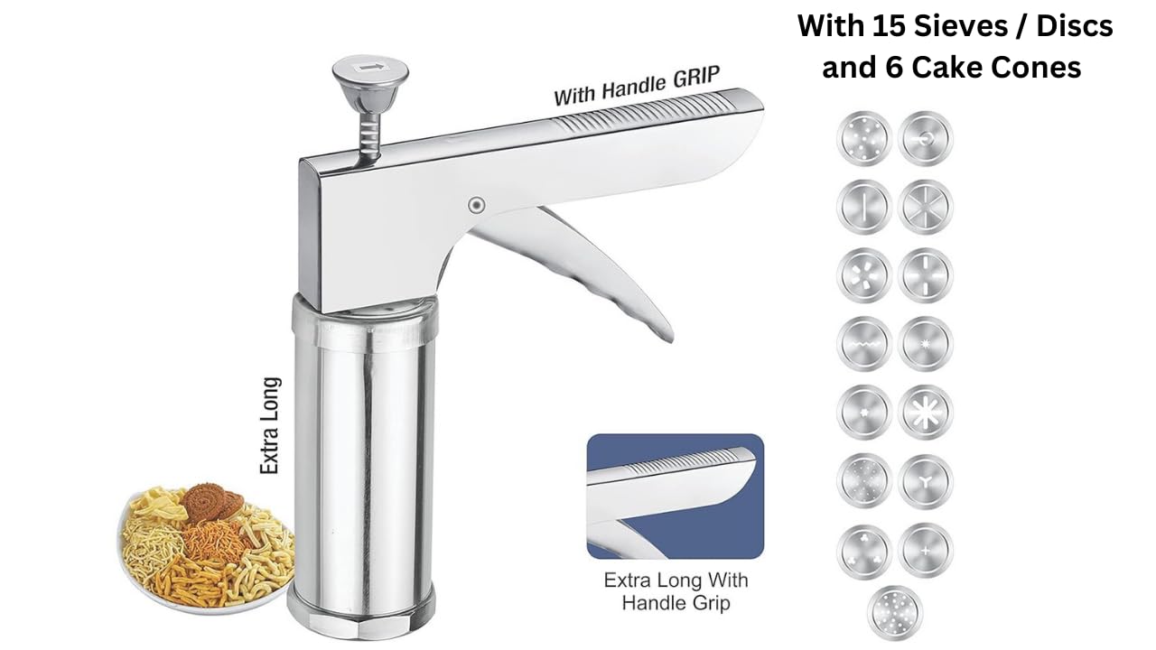 AARNAV Pressa da cucina in acciaio inox multifunzione con 15 dischi, 6 coni per torte, biscotti, set per glassa