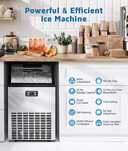 Commercial Ice Maker Machine, 100Lbs/24H Ice Maker, 33Lbs Storage Bin, 45 Cubes In 12 Mins, Self Cleaning, 24H Timer, Lcd Panel, Freestanding Ice Maker Machine For Home/Office/Restaurant/Bar/Coffee #TOP1