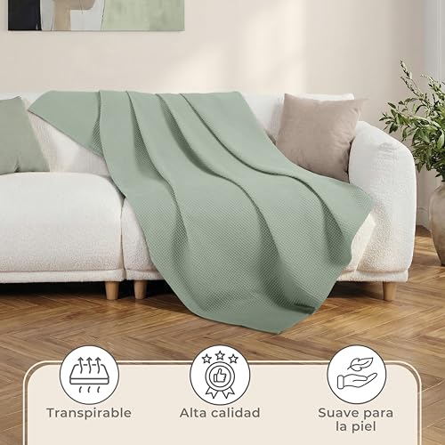 Miniatura 5 de Laynenburg Manta Para Sofá Verano 180 X 220 Cm - Waffle Pique 100 Algodón - Cocha Ligera De Verano - Manta De Algodón Como Manta De Cama, De Sofá - Manta De Sofá Aireada Verde Menta