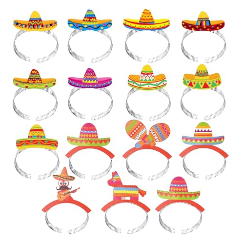Bcxiuso Mexican Party Decorations Sombrero Hat - 15 Pcs Colorful Sombrero Headbands Colorful Festival Props Hair Decor Paper Headpiece for Mexican Themed Parties Celebration Supplies