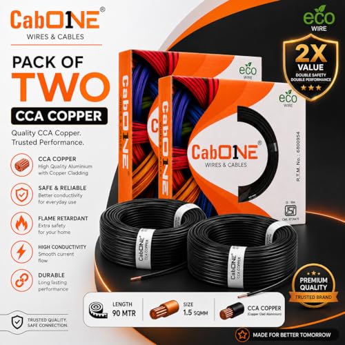 Image of CabONE 1.5 SQ.MM FR PVC Insulated Copper Electrical Wire, 90 Meter (Black, Pack of 2) | ISI Marked Fire Retardant Single Core Cable for Home Wiring