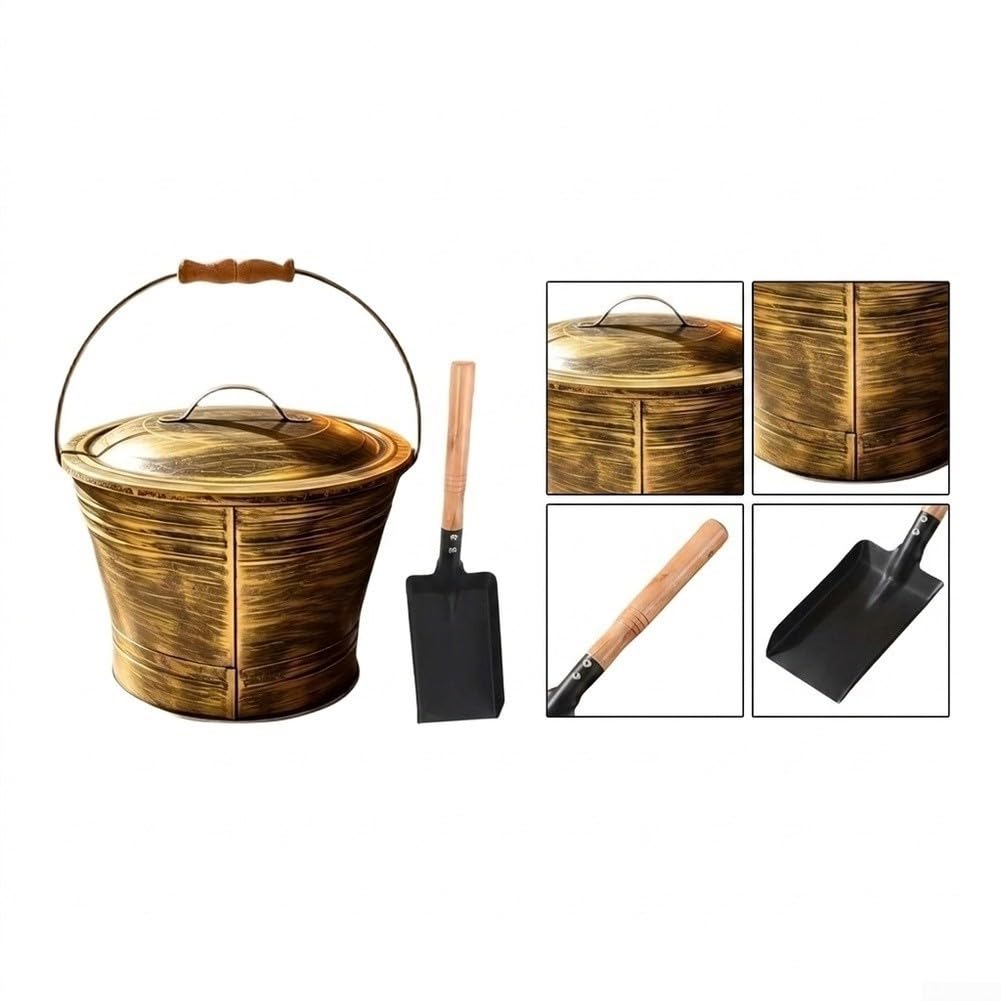 Set Attrezzi da per camino 3 con Pala Secchio e Scopa in Ferro - Accessori per Stufa Legna Design 36cm(3-piece set)