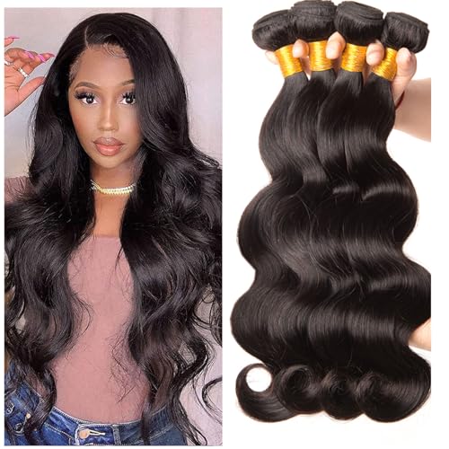 Huarisi Body Wave Human Hair 4 Bundles Brazilian Hair 18 20 22 24 inch 100% Unprocessed Virgin Hair Body Wave Bundles Weaves 400g Natural Color Real Hair Sew in Weaving Can be Dyed