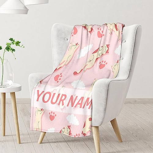 Personalized Cat Blanket Gifts with Name - 40"x50" Cute Throw for Kids & Adults - Pink Soft Fuzzy Blankets for Bed, Couch & Living Room
