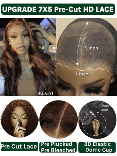 Image of KLAIYI Bye Bye Knots Glueless Wig Reddish Brown Body Wave 7x5 Pre Cut HD Lace Front Wigs Human Hair Put On And Go Wig Pre Bleached Pre Plucked with Baby Hair 30S Ready To Wear 150% Density Full 22Inch