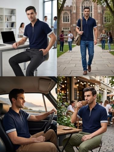 Image of Leriya Fashion T Shirt for Men | Polo T-Shirt for Man | Men's Half Zip Polo | Lightweight Breathable Summer Wear | Textured Knit Casual Stylish Tee | Short Sleeve Smart Casual Top for Man