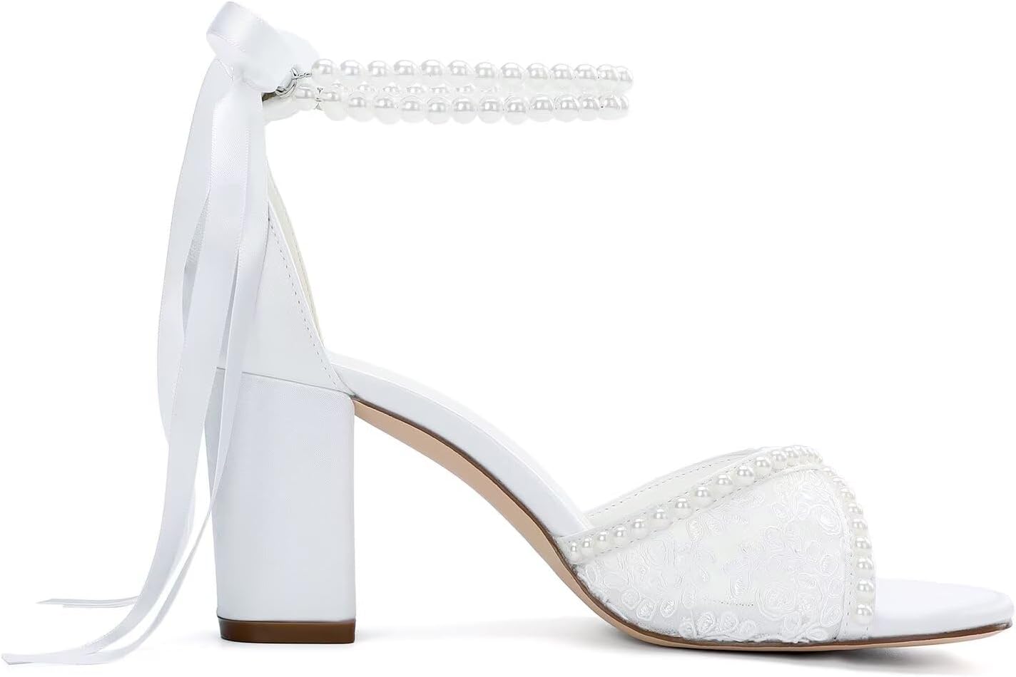 Lace Wedding Shoes for Bride Pearl Heels Bridal Shoes Block Heel Wedding Sandals - Image 4