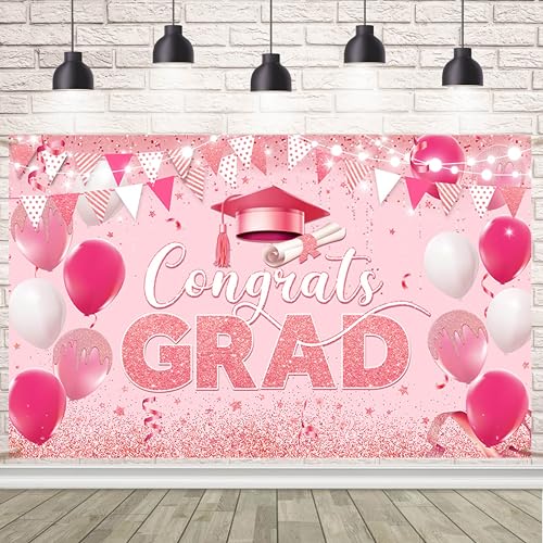 Congrats Grad Backdrop Graduation Decorations 2025 Pink Gold Glit...