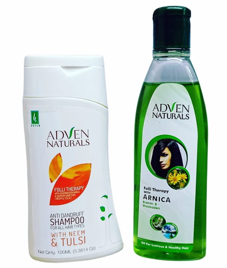 Image of Adven Naturals Folli Therapy With Arnica Brahmi & Wiesbaden Oil For Lustrous & Healthy Hair (100ML) And Adven Naturals Anti Dandruff Shampoo For All Hair Types With Neem & Tulsi (100ML) Set OF 2