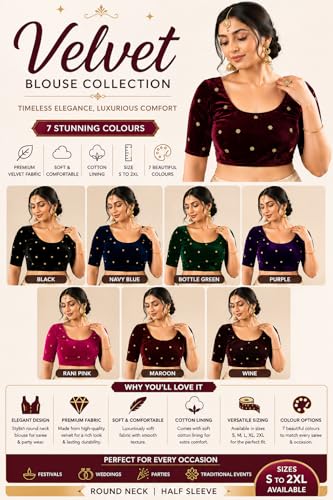 Image of Velvet Readymade Blouse for Women, Elegant, Comfortable, Stylish, Saree Choli Top, Traditional, Size S, M, L, XL, XXL