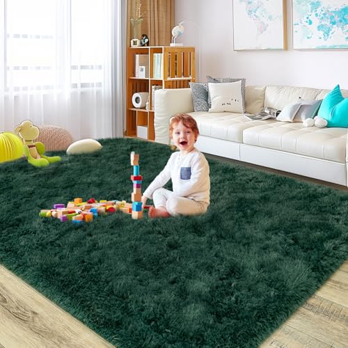 Image of Super Soft Fluffy Rug for Living Room Bedroom, Large Comfy Modern Shaggy Rug Fuzzy Kids Rug, Plush Indoor Nursery Classroom Home Decor Bedside Rug with Non-Slip Bottom, Blackish Green, 5X7 Feet
