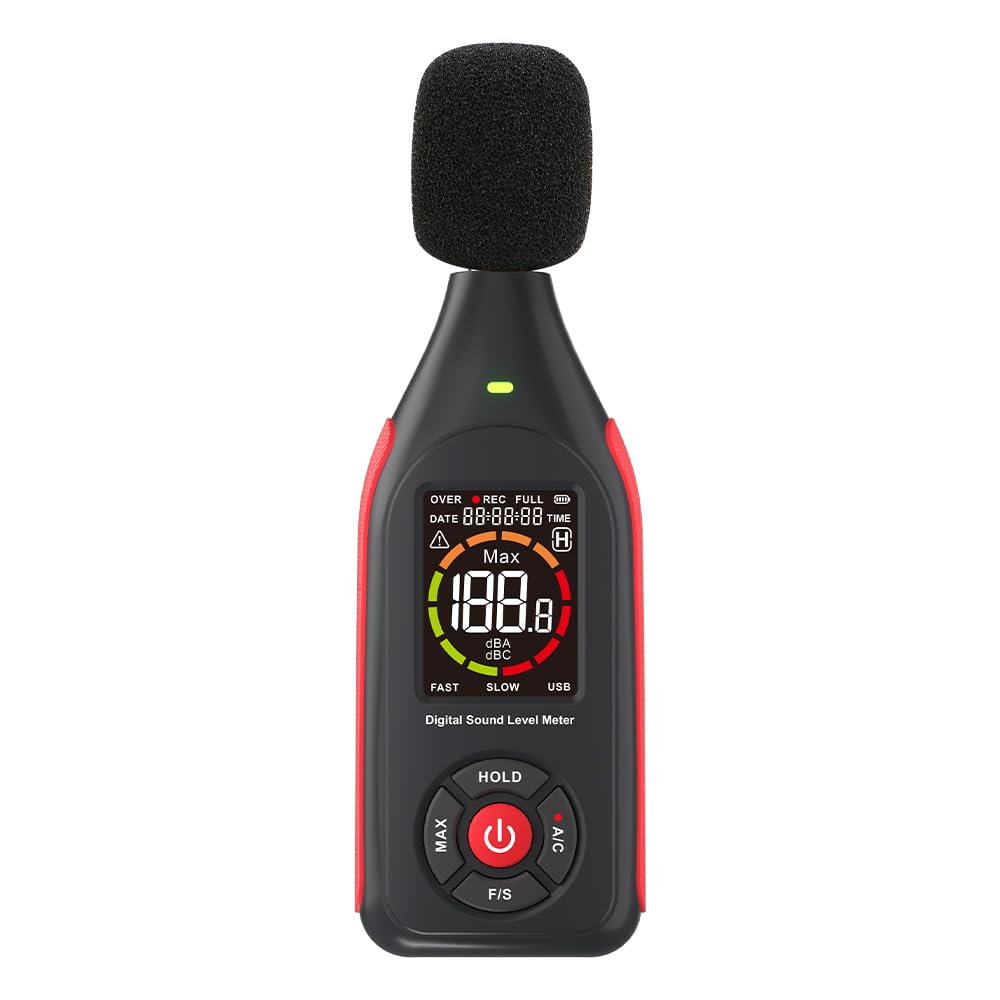 Decibel Meter, Handheld Sound Level Meter 30 to 130dB A/C Weighting Noise Tester,PC-Connectable, Data Analyzable, Color-Coded Alarm, Portable and Rechargeable (GT1355)