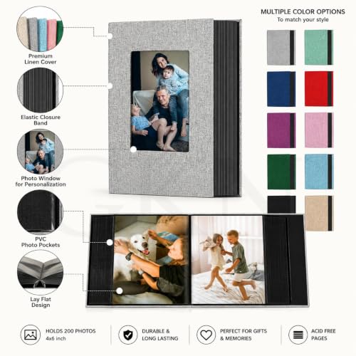 Image of GKN DIY Scrapbook Photo Album for 4x6 Photos | 100 Pockets, 50 Pages | Premium Linen Cover with Front Window | Gray Memory Book for Wedding, Anniversary, Family & Baby Photos
