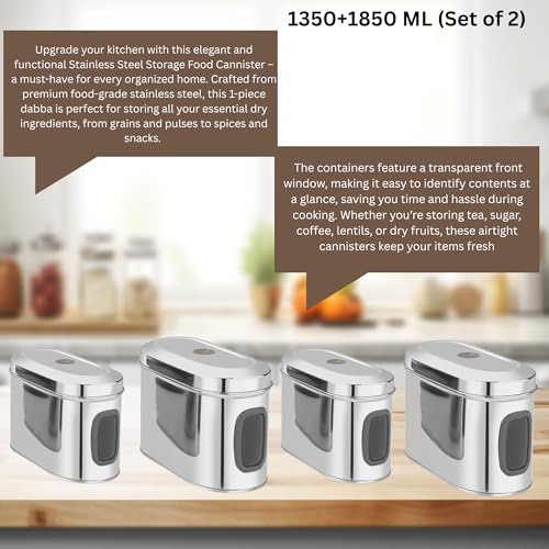 Image of Stainless Steel Capsule Food Canisters /Jars /Containers for Kitchen Storage with See Through Window - set of 4, 1350 & 1850 ml capacity, Silver