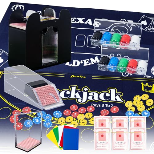 Extguds Casino Poker Set Blackjack/Texas Holdem/Poker Set with Card Shoe Discard Tray Automatic Shuffler 200 Chips 6 Deck Card Double-Sided FeltBlue 10 Cut Cards Casino Table Game Set