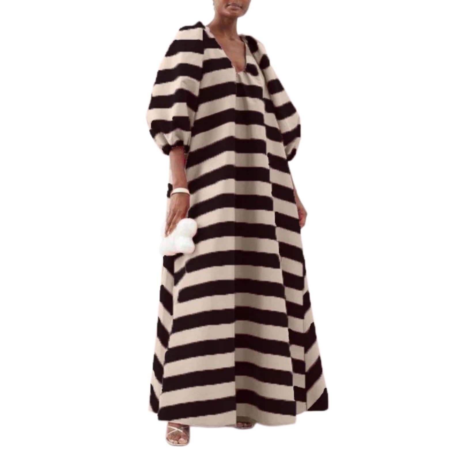 Maxi abito da donna a maniche a sbuffo a righe casual con stampa a mezza manica abito lungo con tasche