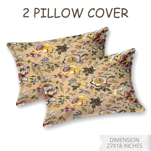 Image of Living Roots Ethnic Jaipur Block Print Double Cotton Bedsheet & 2 Pillow Covers, for Mattress Upto 6 inches Thick, No Colour Bleeding, Yellow Colour, King Size 90 * 108 inches, 120TC (616-B)