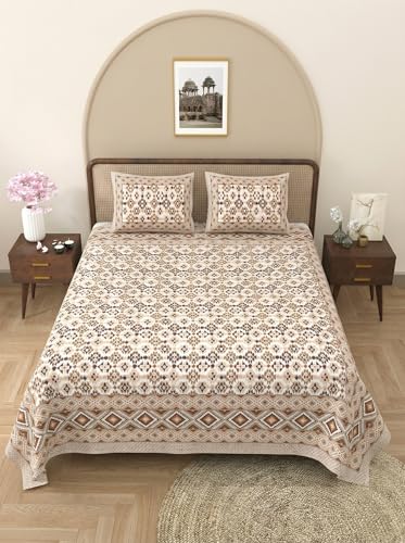 MAFATLAL Jaipuri King Bed Cotton Sheet | 90 x 108 Inches | 144 TC | Traditional Style | Soft & Durable | 2 Pillow Covers |Soft Beige