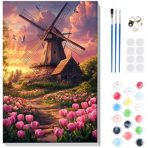 RICUVED Paint by Numbers Kit for Adults with Wooden Frame, Windmill Flowers Acrylic Paint by Number, Sunset Landscape Oil Painting Kit with Framed Canvas Arts and Crafts for Gift Home Decor 8X12 Inch Cover