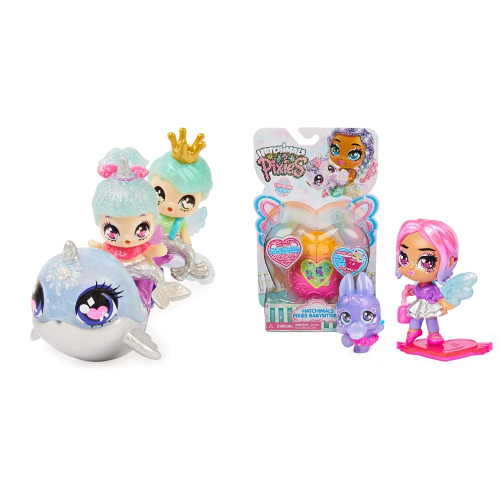 HATCHIMALSPixies Riders, Shimmer Babies Baby Twins with Glider and 4 Accessories (Styles Vary) & Pixies, Shimmer Babies Babysitter with Baby and Play Accessories (Styles May Vary)