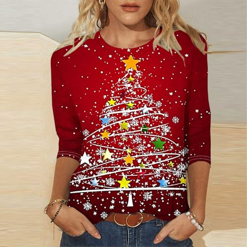 2025 Christmas Shirts for Women 3/4 Sleeve Glitter Xmas Tree T-Shirt Tunic Tops Holiday Party Christmas Clothes Gifts2